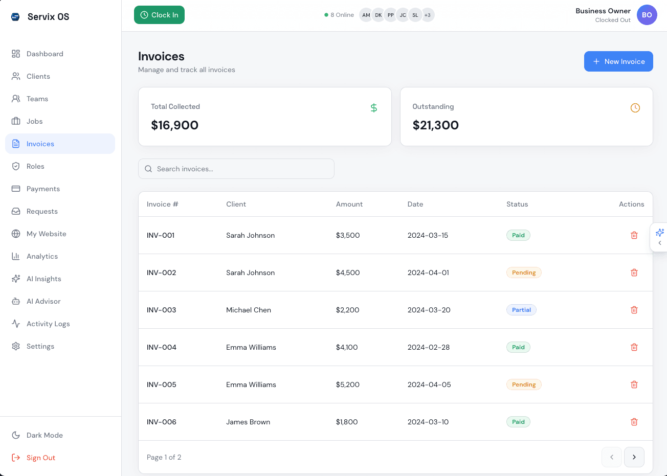 Servix OS light invoices dashboard preview
